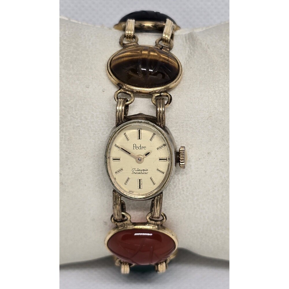 Women's Vintage Pedre 17 Jewel 12 K Gold Filled Egyptian Scarab Gem Watch 12